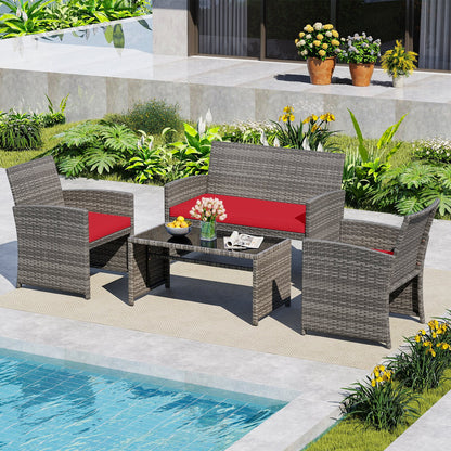 4 Piece Patio Conversation Set Rattan Chair Loveseat and Table Set-Black