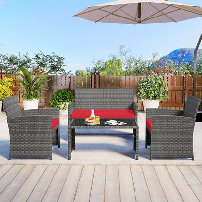4 Piece Patio Conversation Set Rattan Chair Loveseat and Table Set-Black