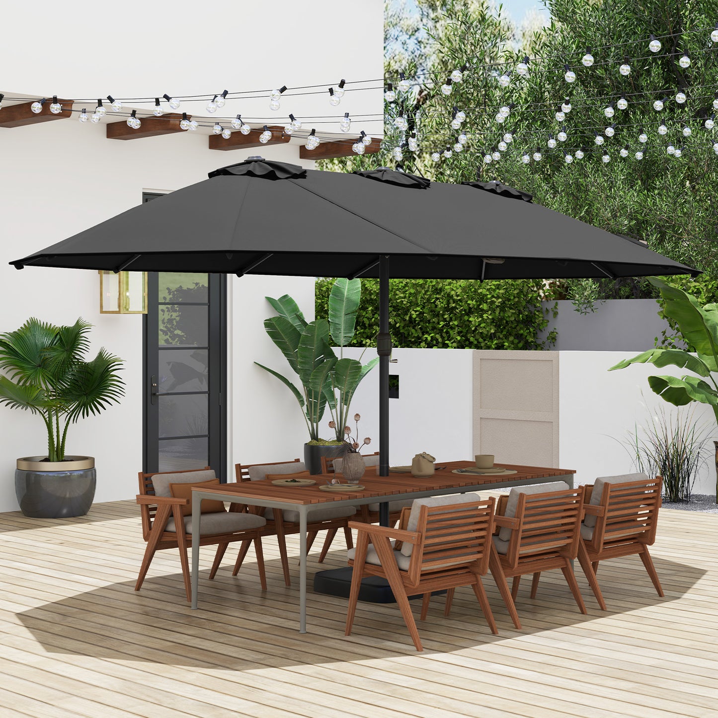 15 Feet Double-Sided Twin Patio Umbrella with Crank and Base Coffee in Outdoor Market-Beige