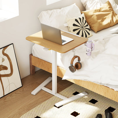 Foldable Mobile Standing Desk Rolling Laptop Desk with Hook and Cup Holder-Natural