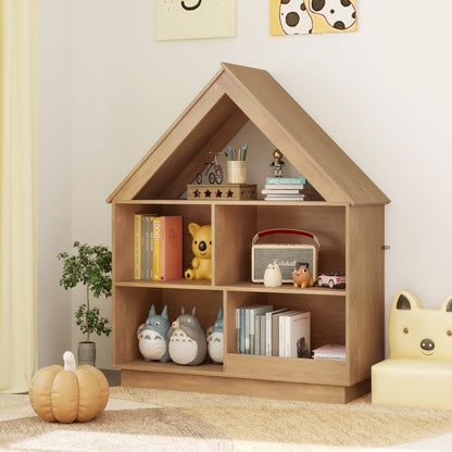 Natural wood 3-tier house-shaped toy storage organizer with open shelves for kids' room organization.