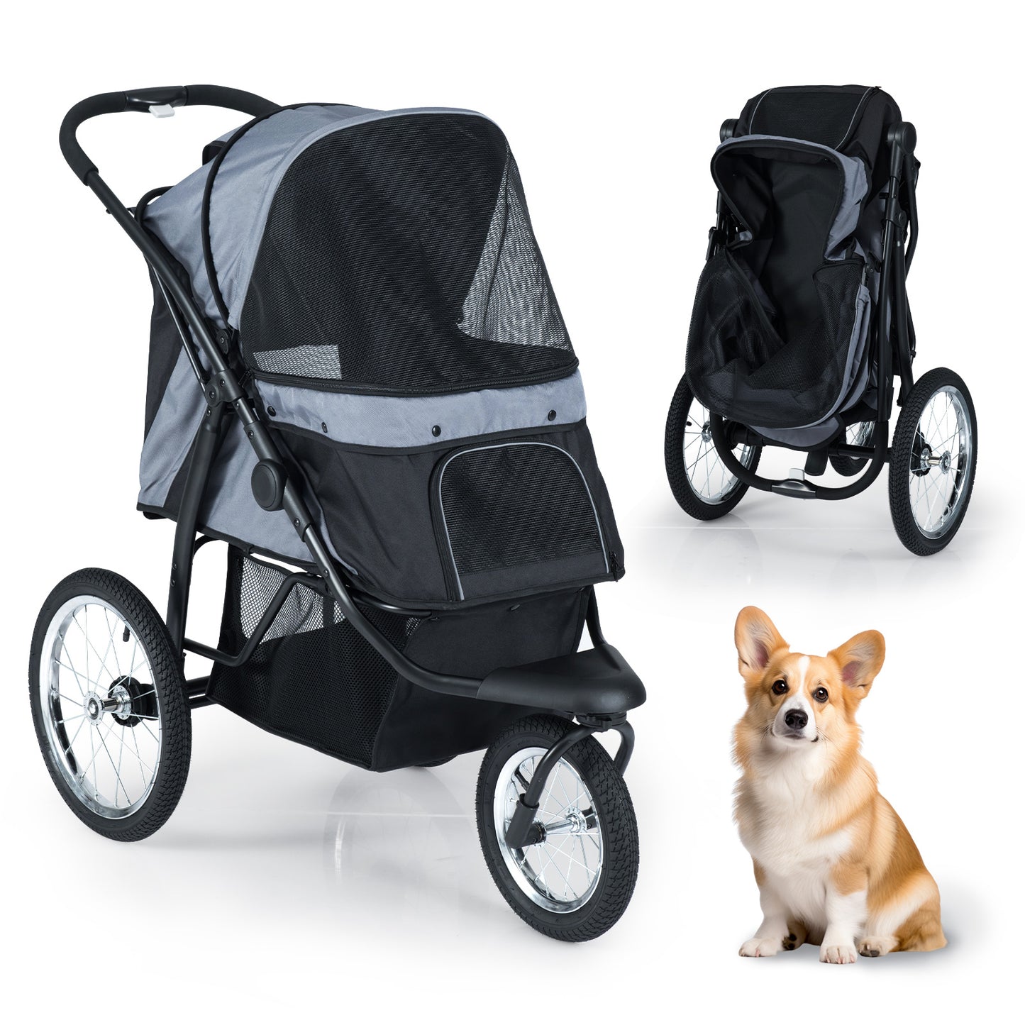 3-Wheel Pet Stroller for Small and Medium Dogs Foldable Cat Stroller Jogger-Gray