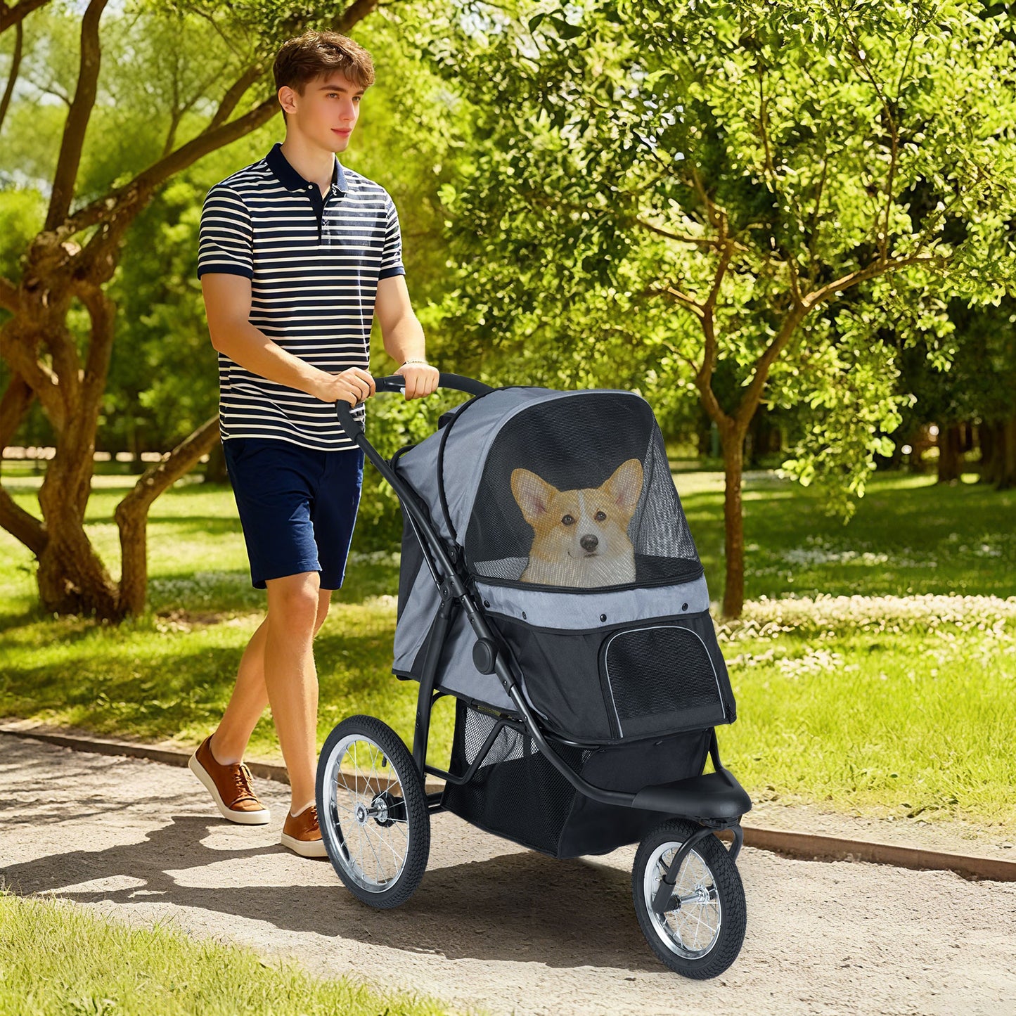 3-Wheel Pet Stroller for Small and Medium Dogs Foldable Cat Stroller Jogger-Gray