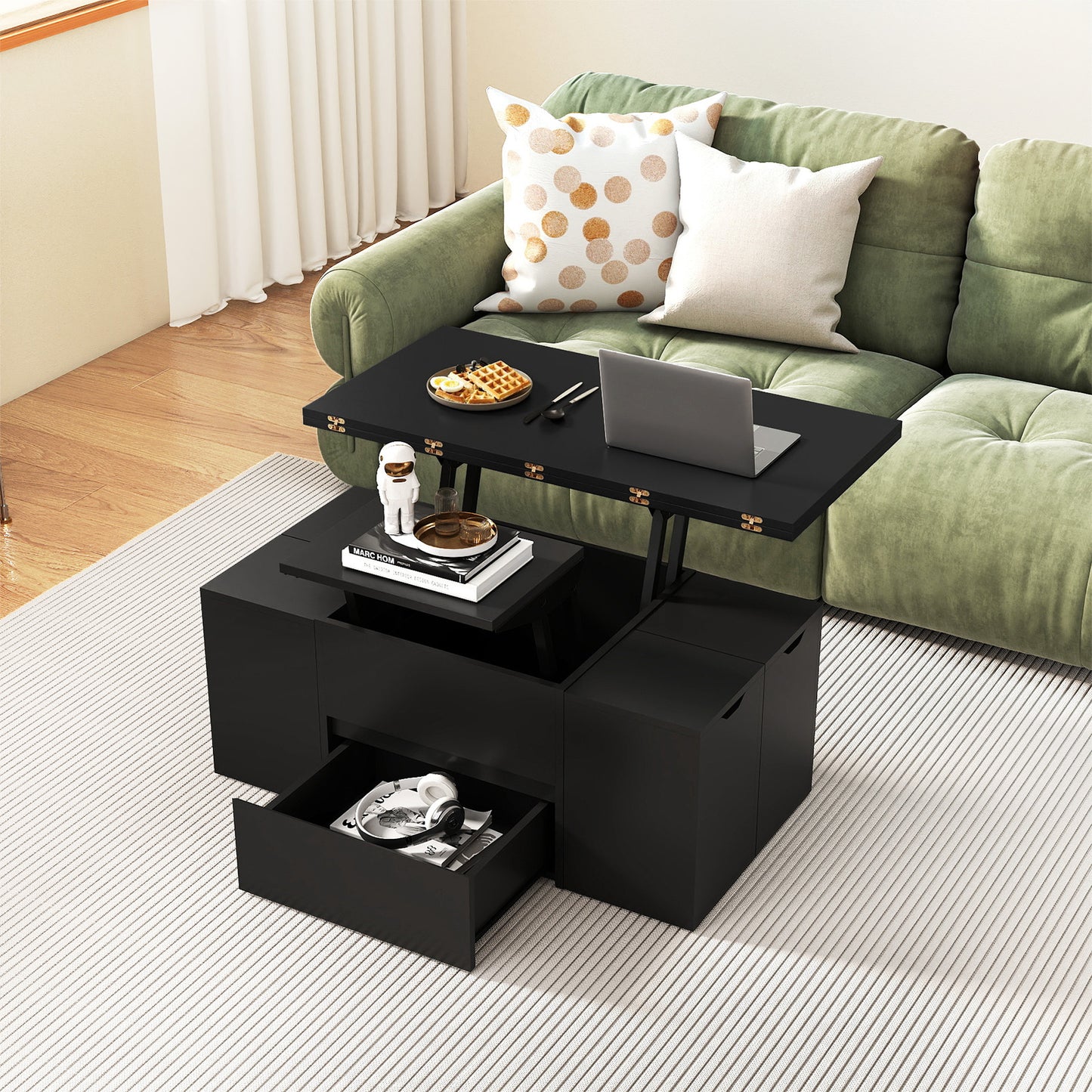 3-in-1 Expandable Lift Top Coffee Table with 4 Storage Stools and Hidden Compartment for 4-8 People-Black