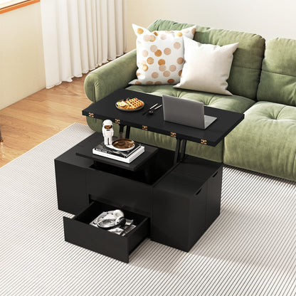 3-in-1 Expandable Lift Top Coffee Table with 4 Storage Stools and Hidden Compartment for 4-8 People-Black