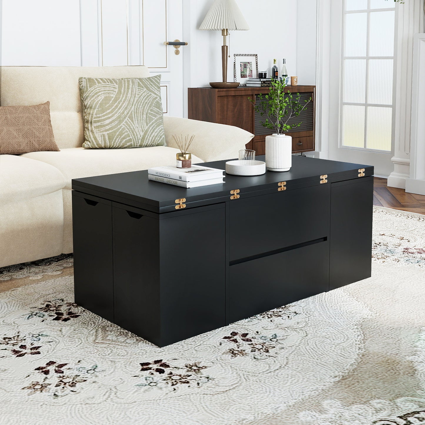 3-in-1 Expandable Lift Top Coffee Table with 4 Storage Stools and Hidden Compartment for 4-8 People-Black