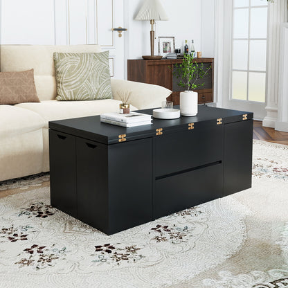 3-in-1 Expandable Lift Top Coffee Table with 4 Storage Stools and Hidden Compartment for 4-8 People-Black