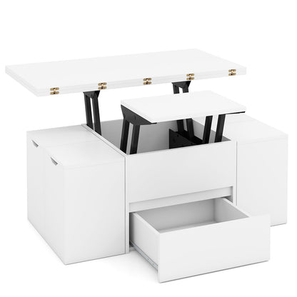 3-in-1 Expandable Lift Top Coffee Table with 4 Storage Stools and Hidden Compartment for 4-8 People-Black