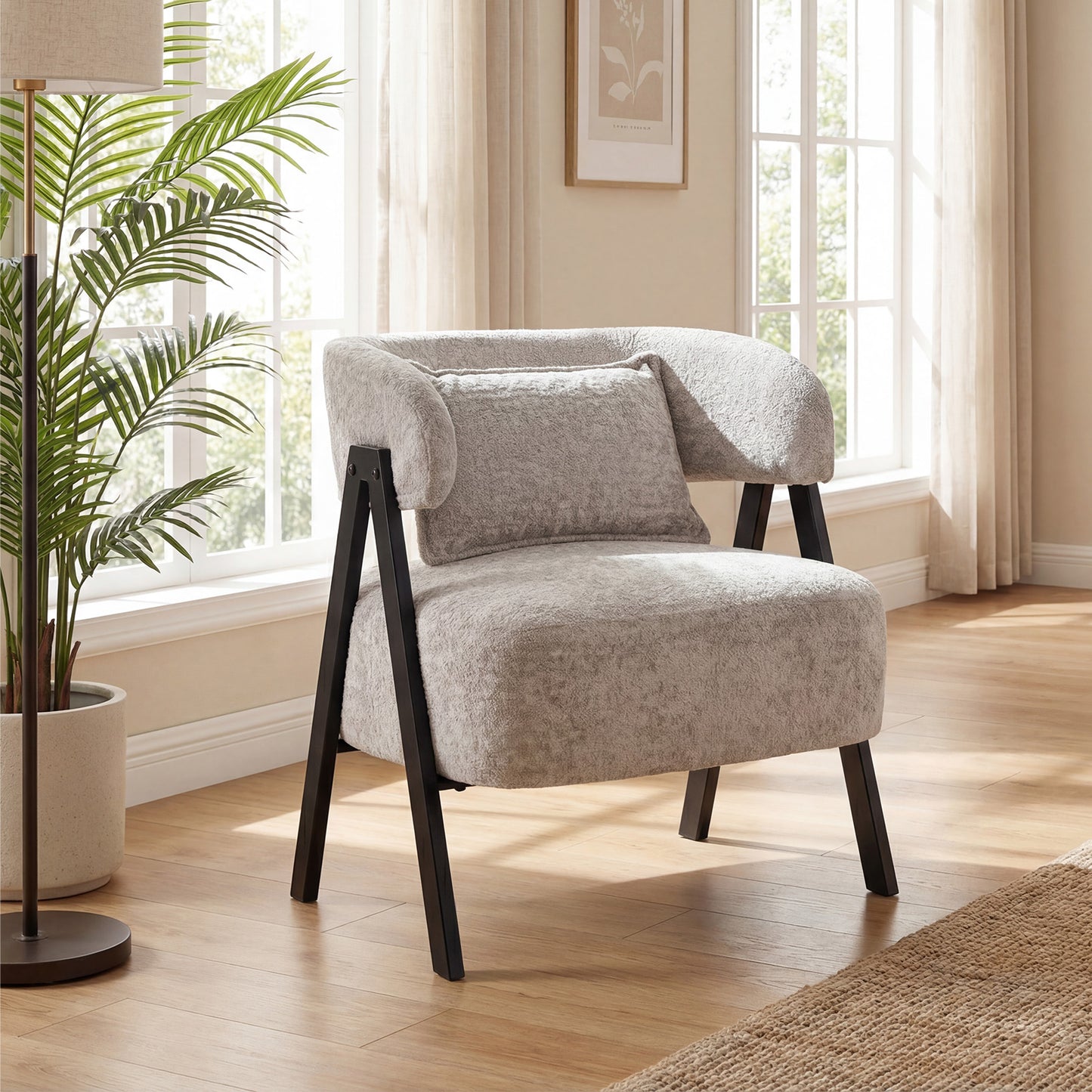 Barrel Accent Chair Faux Rabbit Fur Upholstered Armchair-Gray