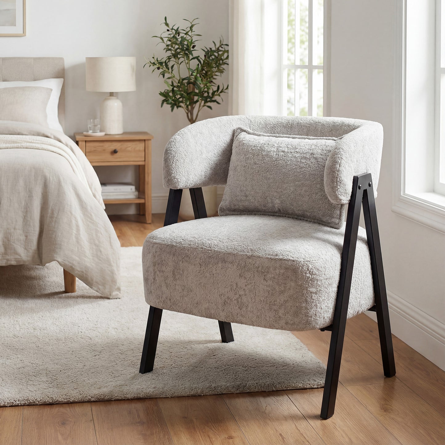 Barrel Accent Chair Faux Rabbit Fur Upholstered Armchair-Gray