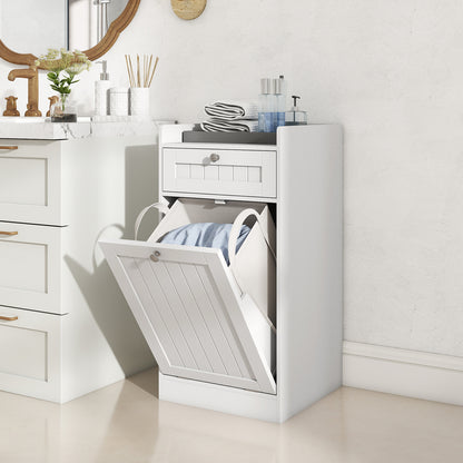 Tilt-Out Laundry Hamper Cabinet with Drawer and Removable Laundry Bag-White