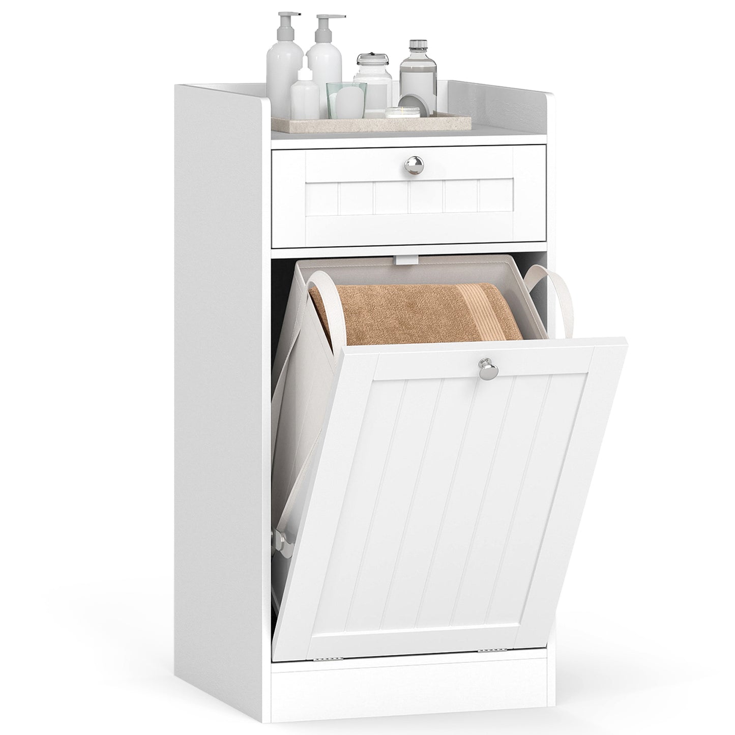 Tilt-Out Laundry Hamper Cabinet with Drawer and Removable Laundry Bag-White