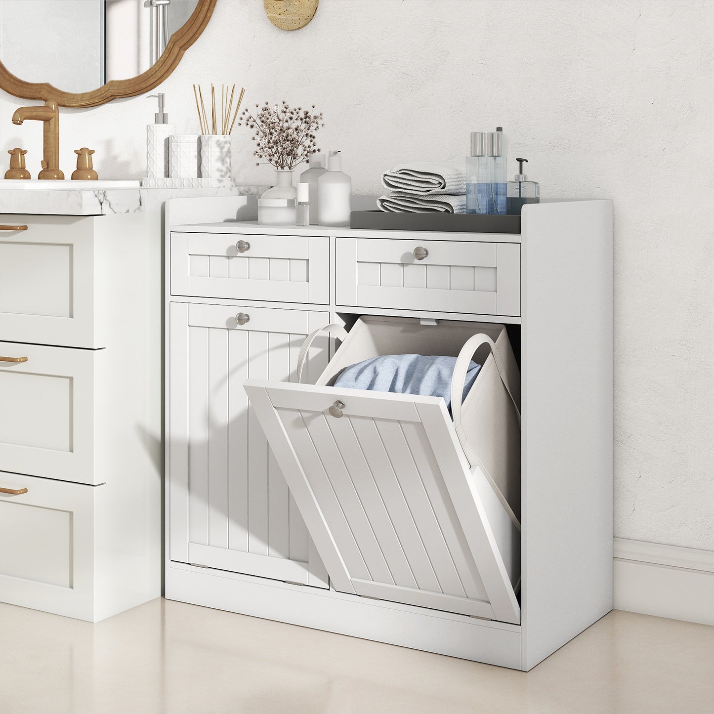 Double Tilt-Out Laundry Hamper Cabinet with 2 Drawers and Removable Laundry Bags-White