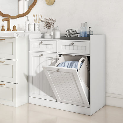 Double Tilt-Out Laundry Hamper Cabinet with 2 Drawers and Removable Laundry Bags-White