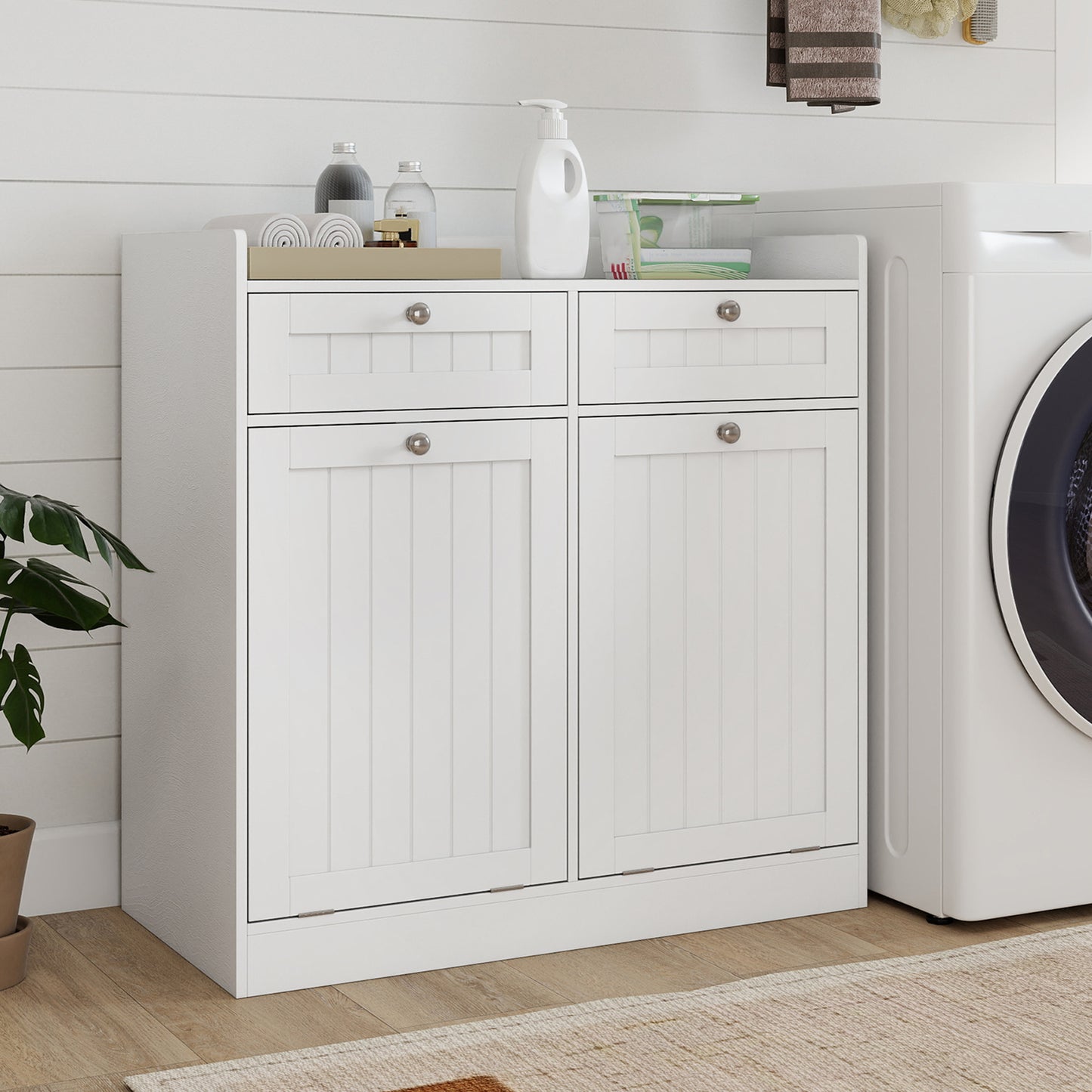 Double Tilt-Out Laundry Hamper Cabinet with 2 Drawers and Removable Laundry Bags-White