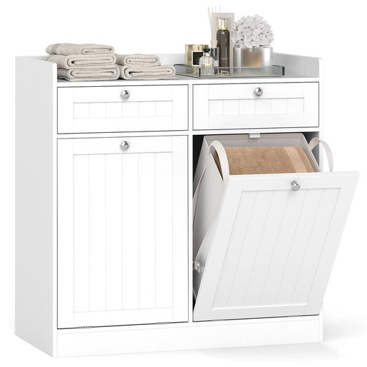 Double Tilt-Out Laundry Hamper Cabinet with 2 Drawers and Removable Laundry Bags-White