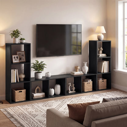 3 Cube Bookshelf with Back Guardrail for Living Room Bedroom-Black