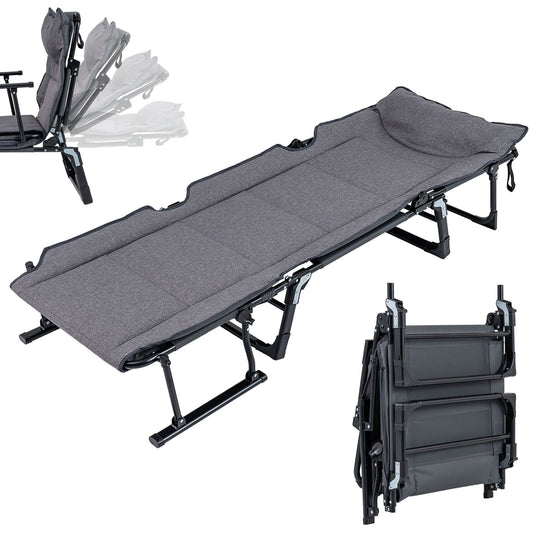 3 in 1 Folding Camping Cot and Comfy Padded Convertible Single Sofa Chair-Gray