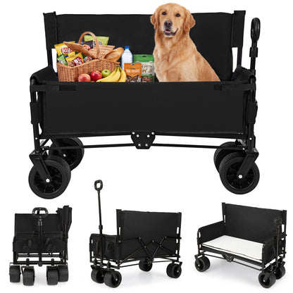 2-in-1 Wagon Bench Seat Combo Collapsible Beach Cart with Handle and Cushion-Black