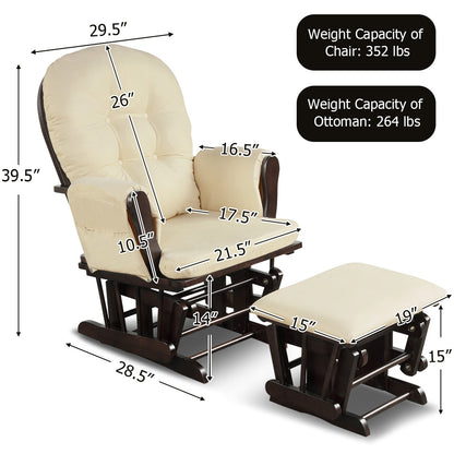 Wood Glider and Ottoman Set with Padded Armrests and Detachable Cushion-Beige