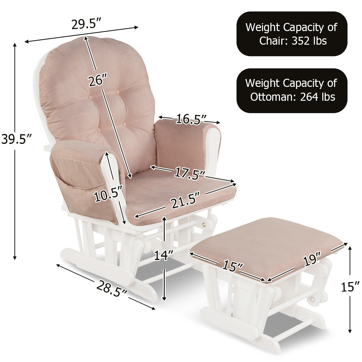 Wood Glider and Ottoman Set with Padded Armrests and Detachable Cushion-Pink